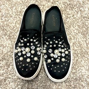 Bebe Pearl and Rhinestone Black Slip-on Shoes size 8 Used